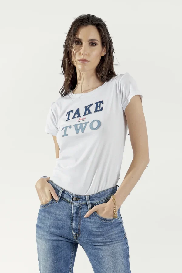 T-SHIRT c/scritta TAKE TWO denim – DKE7216